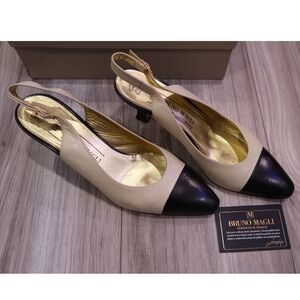 Bruno Magli Beige Black Cap Toe Slingback Low Heel Pumps